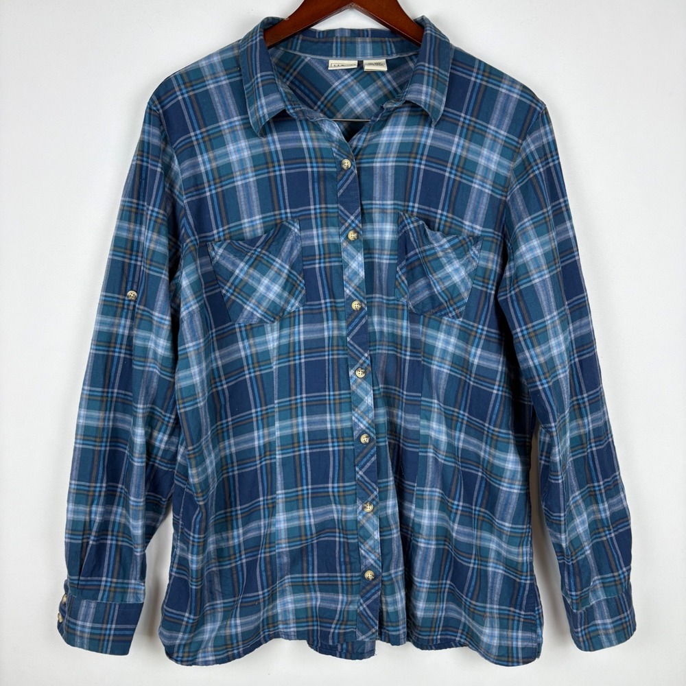 L.L. Bean Plaid Shirt Women's Roll‎ Tab Sleeve Cotton Button Down